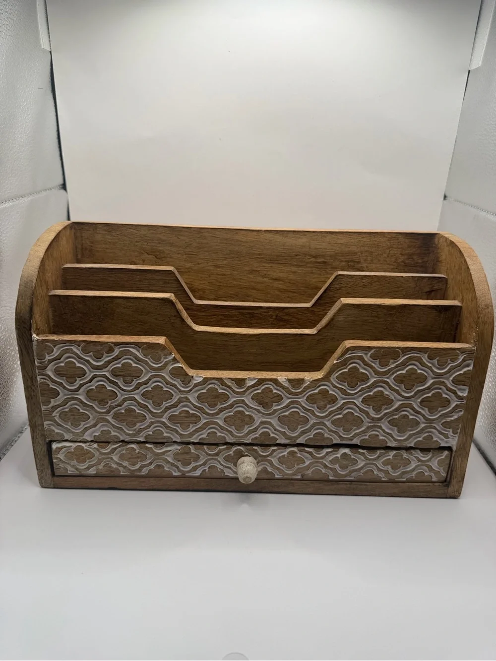 Wood Desk Mail Organizer with Drawer Rustic Boho Letter Holder